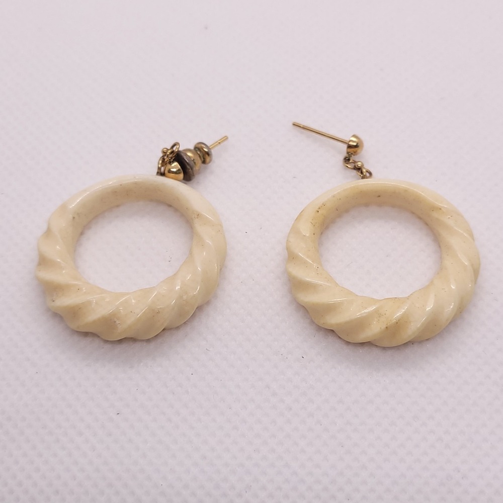 Cream Twisted Hoop Dangle Earrings Gold Tone Post Statement Earrings